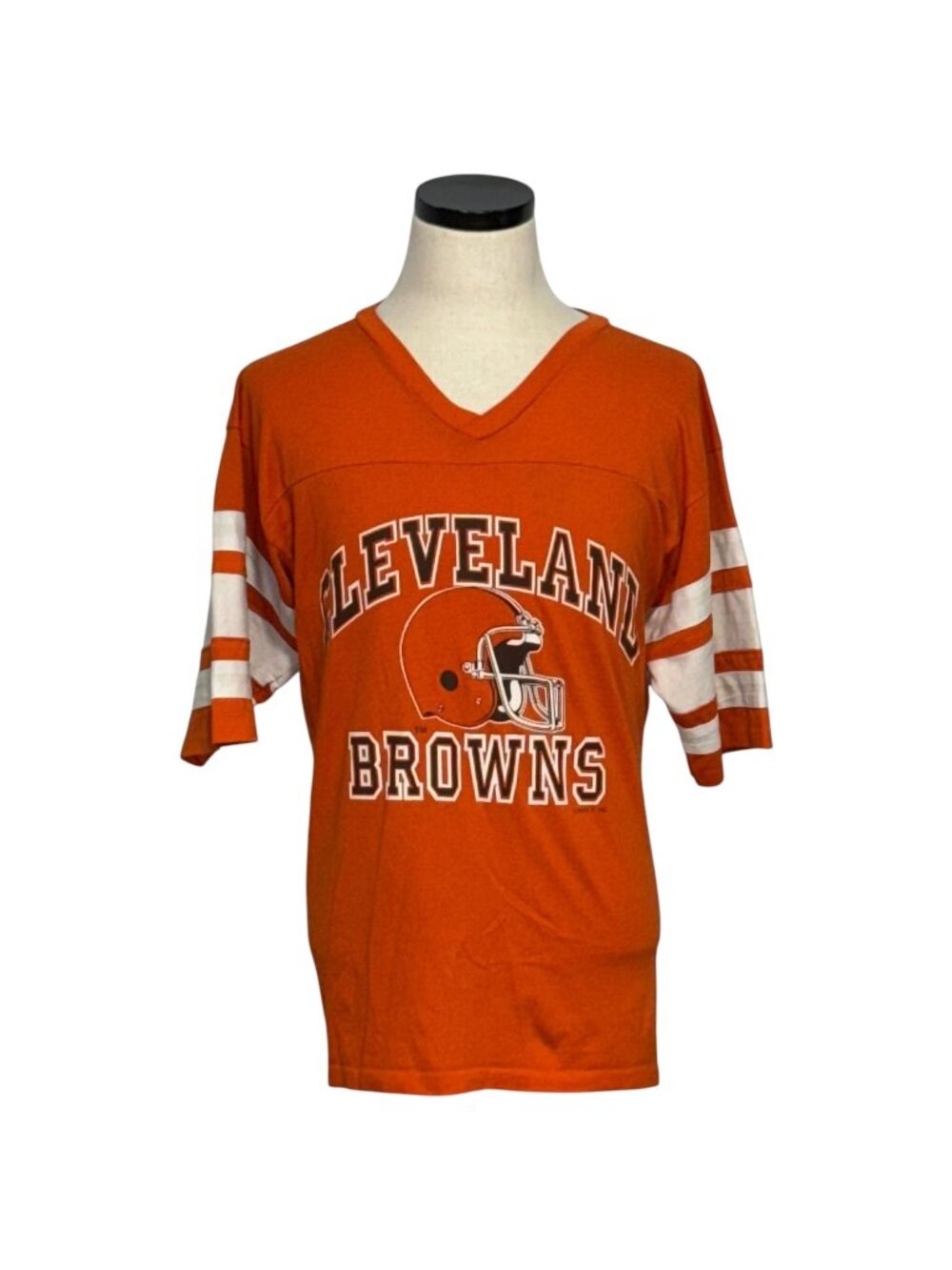 Vintage 80s Cleveland Browns Logo 7 Orange V-Neck Jersey With White Striped L